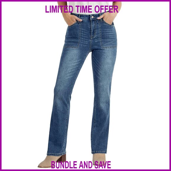 High Waisted Bootcut Jeans Stretchy Denim Pants Patch Pocket Trouser